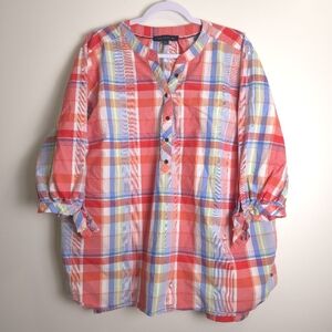 TOMMY HILFIGER Plaid Check‎ Roundneck Popover 3/4 Sleeve Classic Blouse 2XL